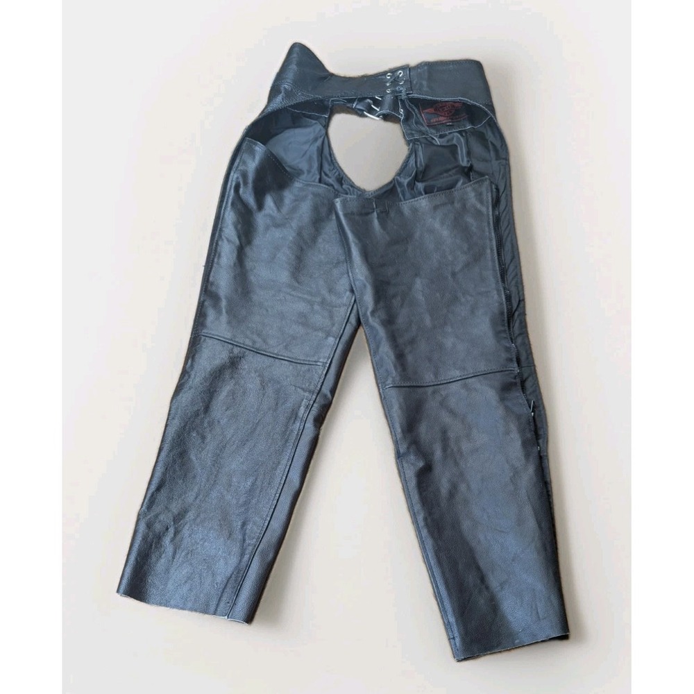 Alpha Cycle Gear Mens Black Leather Motorcycle Chaps - Size 32